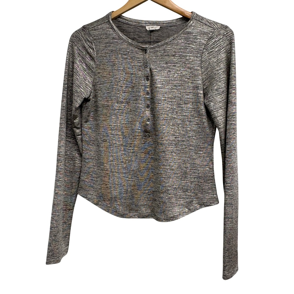 Pilcro‎ Anthro Metallic Space Dye Henley Long Sleeve Top Gold Silver Gray medium
